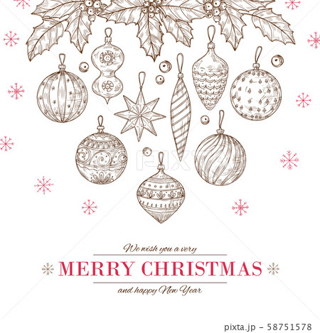 Christmas balls background. Xmas tree decorations and holly leaves and berries. Winter holidays, new 58751578