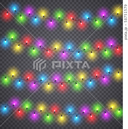 Light garlands. Christmas festive color lighting decoration with light bulbs on wires. Winter 58751579
