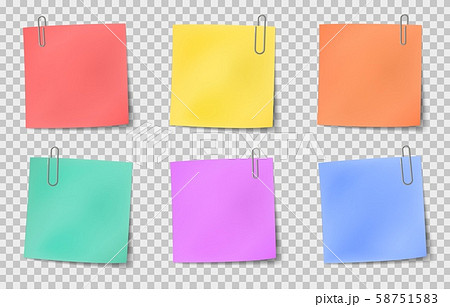 Note sticky. Color paper notes attached by metallic paper clips, information noticeboard, important 58751583