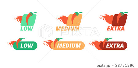 Hot pepper labels. Pepperiness low, medium and extra levels. Hot chilli peppers restaurant menu 58751596