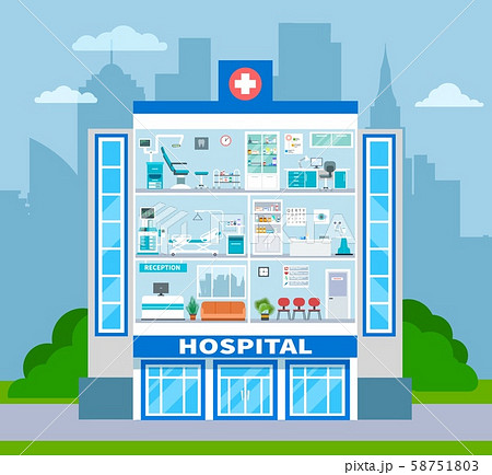 Hospital section. Empty doctor office, waiting examination room and surgery interiors in cross 58751803
