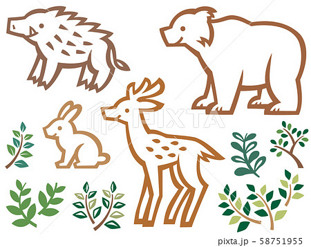 森の動物たちの切り絵風イラストセット 可愛い 線画 のイラスト素材