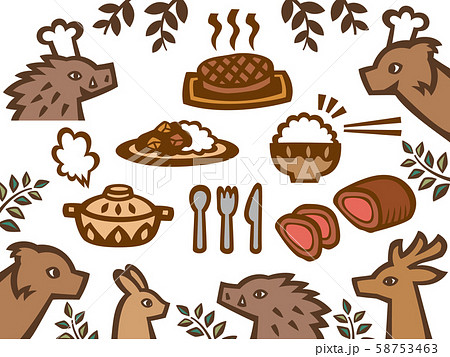 森の動物達のレストラン 切り絵風イラストセットのイラスト素材