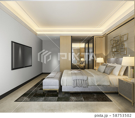3d rendering beautiful classic luxury bedroom suite in hotel with tv 58753502