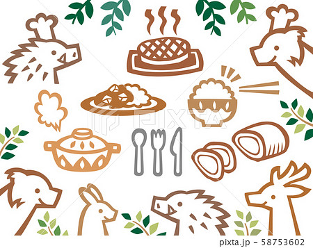 森の動物達のレストラン 切り絵風イラストセット 可愛い 線画 のイラスト素材