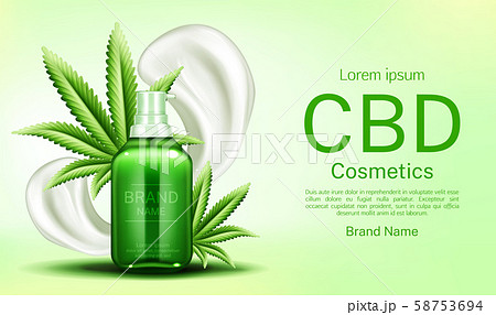 Cbd cosmetics bottle with cream smears and leaves 58753694