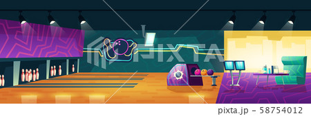 Bowling club interior with alleys, balls, pins 58754012