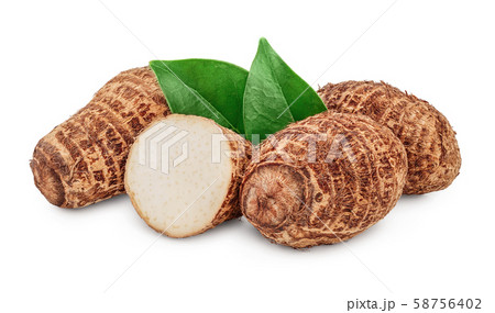 fresh taro root with half and leaf isolated on white background fresh taro root with half and leaf isolated on white background 58756402