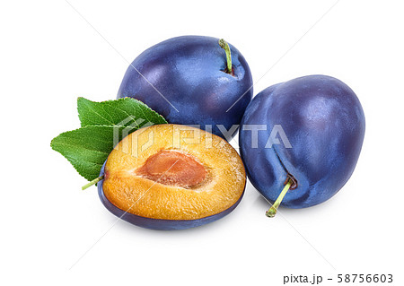 fresh blue plum and half with leaves isolated on white background fresh blue plum and half with leaves isolated on white background 58756603