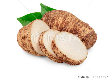 fresh taro root with slices isolated on white background 58756897