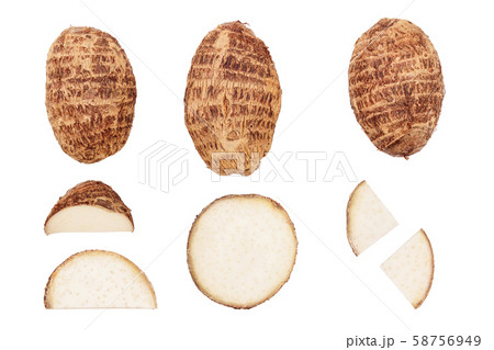 fresh taro root isolated on white background. Top view. Flat lay, Set or collection fresh taro root isolated on white background. Top view. Flat lay, Set or collection 58756949