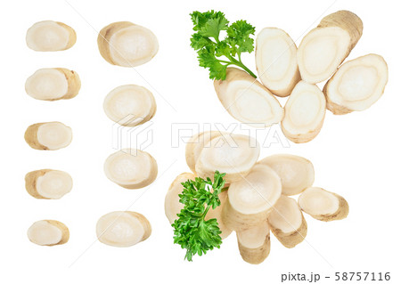 Parsley root slices isolated on white background. Top view. Flat lay, Set or collection 58757116