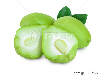 fresh Chayote vegetable or mexican cucumber with leaf isolated on white background fresh Chayote vegetable or mexican cucumber with leaf isolated on white background 58757290