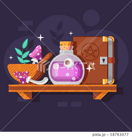 Magic Potion Bottle with Ingredients and Spellbook Magic Potion Bottle with Ingredients and Spellbook 58763077