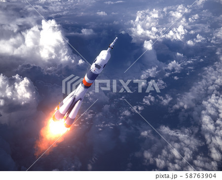 Russian Carrier Rocket Launch In The Clouds. 3D Illustration. Russian Carrier Rocket Launch In The Clouds. 3D Illustration. 58763904