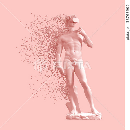 Digital Disintegration Of Sculpture David With VR Glasses On Pink Background. 3D Illustration. 58763909