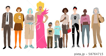 Young men, women and children standing together. Social diversity. Young men, women and children standing together. Social diversity. 58764715