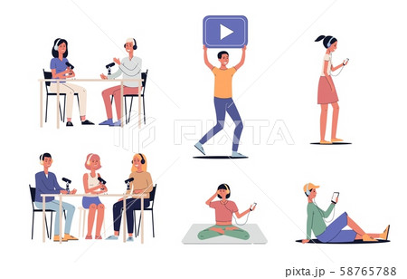 Podcast recording and listening set - people making online radio stream content 58765788