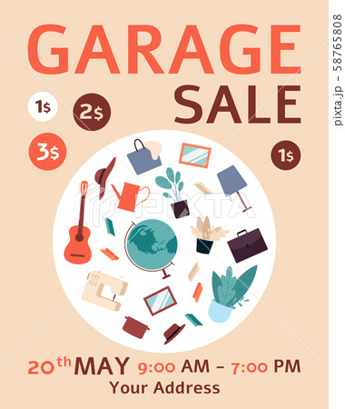 Flat garage sale ad poster with bunch of furniture and decor stuff 58765808