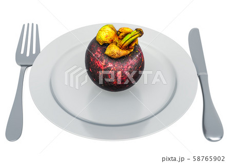 Mangosteen on plate with fork and knife 58765902