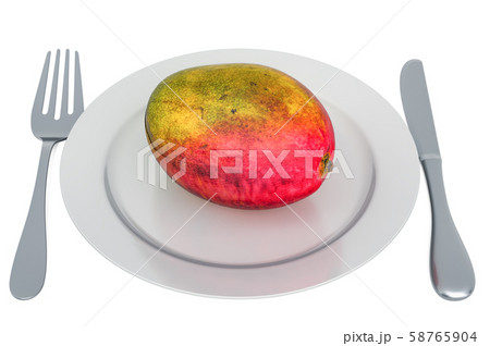 Mango on plate with fork and knife, 3D rendering 58765904
