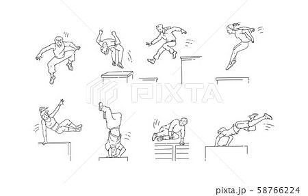 Parkour Moves Set Cartoon People Jumping のイラスト素材