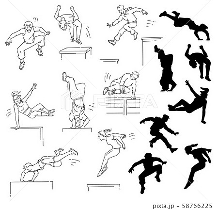 Parkour People Outline And Silhouette Set Men のイラスト素材