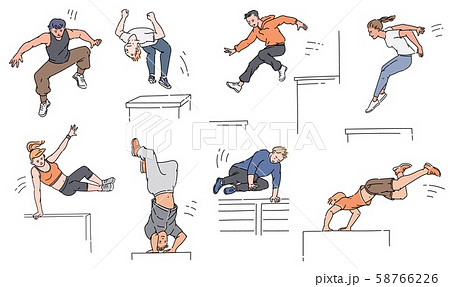 Parkour Extreme Sport Athletes Cartoon Sketch のイラスト素材