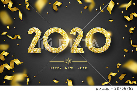 Happy New Year 2020. Background with shining numerals and ribbons. New year and Christmas card Happy New Year 2020. Background with shining numerals and ribbons. New year and Christmas card 58766765