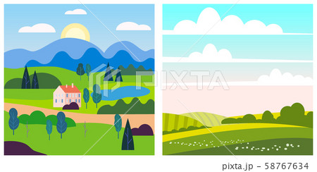 Set spring summer landscape rural countryside. Vector isolated minimal cartoon style, template baner Set spring summer landscape rural countryside. Vector isolated minimal cartoon style, template baner 58767634