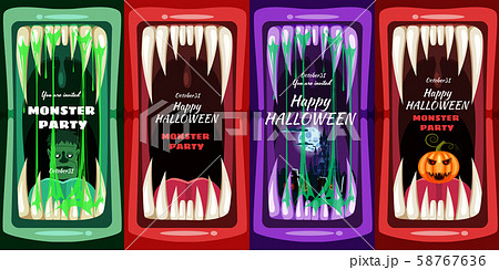 Set Creepy Halloween party banners scary monster character teeth jaw in mouth spittle closeup dark 58767636