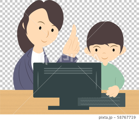 プログラミング教室で学ぶ男の子(女性講師) 58767719