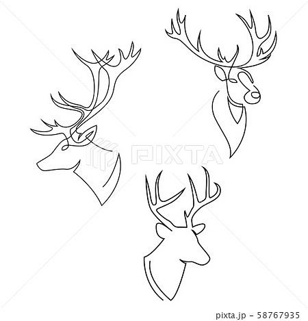 One line design silhouette of deer. Set of heads of stags. Hand drawn single continuous line 58767935