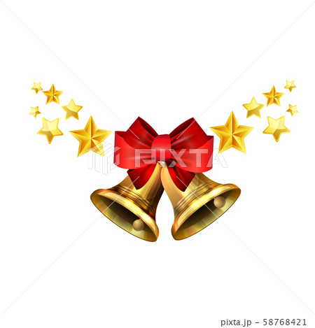 Vector illustration of shiny golden Christmas bells decorated with red bow poinsettia 58768421