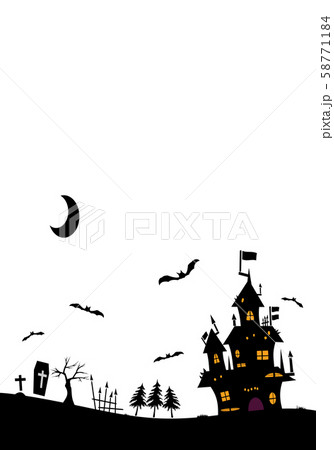 ハロウィンの背景素材 モノクローム素材 城とコウモリと墓のイラスト素材