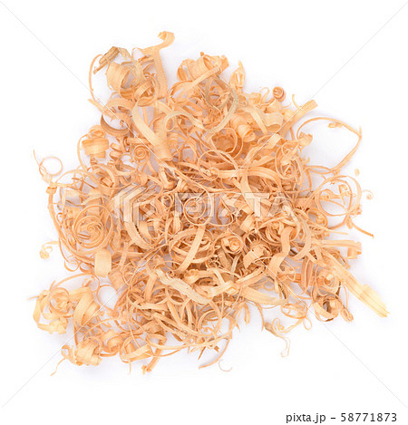 Heap of wooden shavings isolated on white background. Top view. 58771873