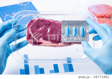 Vacuum packaged sealed meat and drugs pills pack in laboratory scientist hands. Livestock meat antibiotic and hormone use concept. 58771962