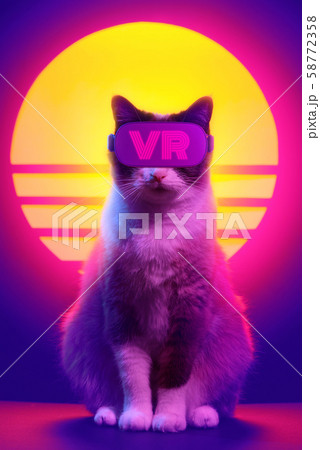 Cat wearing virtual reality goggles wireless headset. VR videogame experience in 80's synth wave and retro vaporwave futuristic aesthetics. Cat wearing virtual reality goggles wireless headset. VR videogame experience in 80's synth wave and retro vaporwave futuristic aesthetics. 58772358