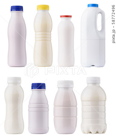Dairy products packaging set. Milk bottles blank mock-up design collection. Clean closed yogurt bottles isolated on white background. 58772496