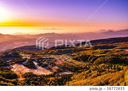 朝日に照らされる芳ヶ平湿原の紅葉・日本国道標高最高地点から 朝日に照らされる芳ヶ平湿原の紅葉・日本国道標高最高地点から 58772655