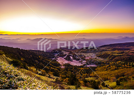 朝日に照らされる芳ヶ平湿原の紅葉・日本国道標高最高地点から 朝日に照らされる芳ヶ平湿原の紅葉・日本国道標高最高地点から 58775236
