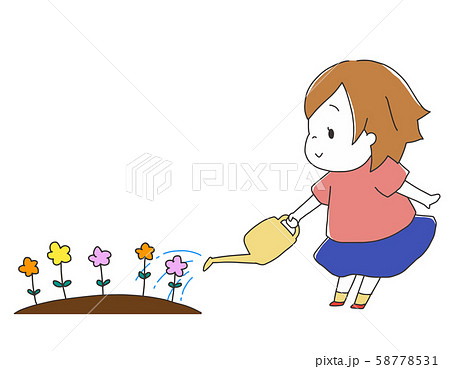 じょうろを持って花に水やりをする女の子のイラスト素材