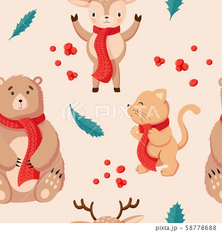 Seamless Christmas pattern background with animals and holiday attributes 58778688