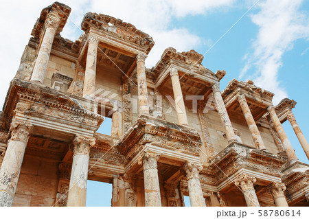 Celsus libraries against the blue sky in Ephesus, Celsus libraries against the blue sky in Ephesus, 58780614