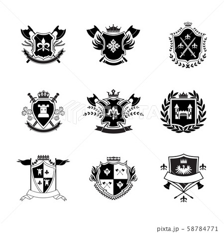 Ornate royal shield badge set isolated on white background 58784771
