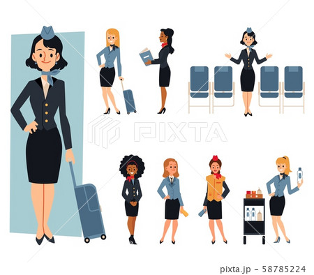 Air hostess or stewardess welcomes passengers flat vector illustration isolated. Air hostess or stewardess welcomes passengers flat vector illustration isolated. 58785224