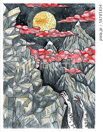 Mountain with rocks and hands of alpinist climbing against full moon 58785834