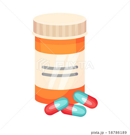 Plastic jar next to two-tone capsules. Vector illustration on a white background. 58786189
