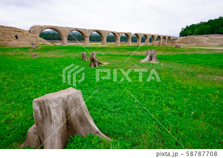 草原とタウシュベツ川橋梁　渇水の糠平湖 58787708