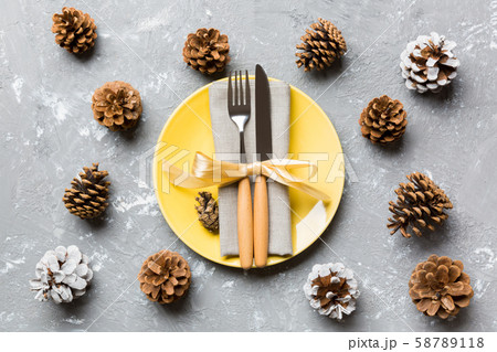 New Year set of plate and utensil on cement 58789118